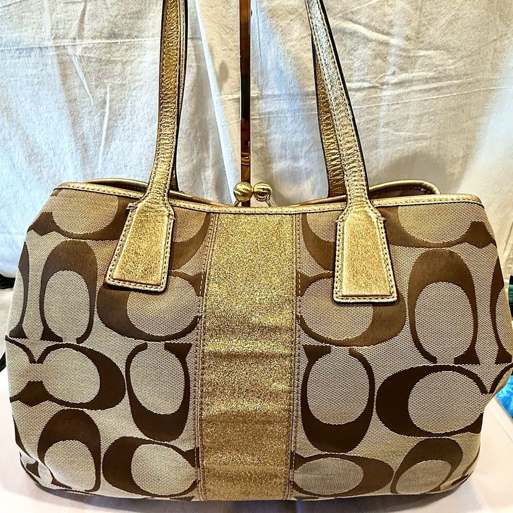 COACH Signature Stripe Framed Carryall Tote - Picture 4 of 13